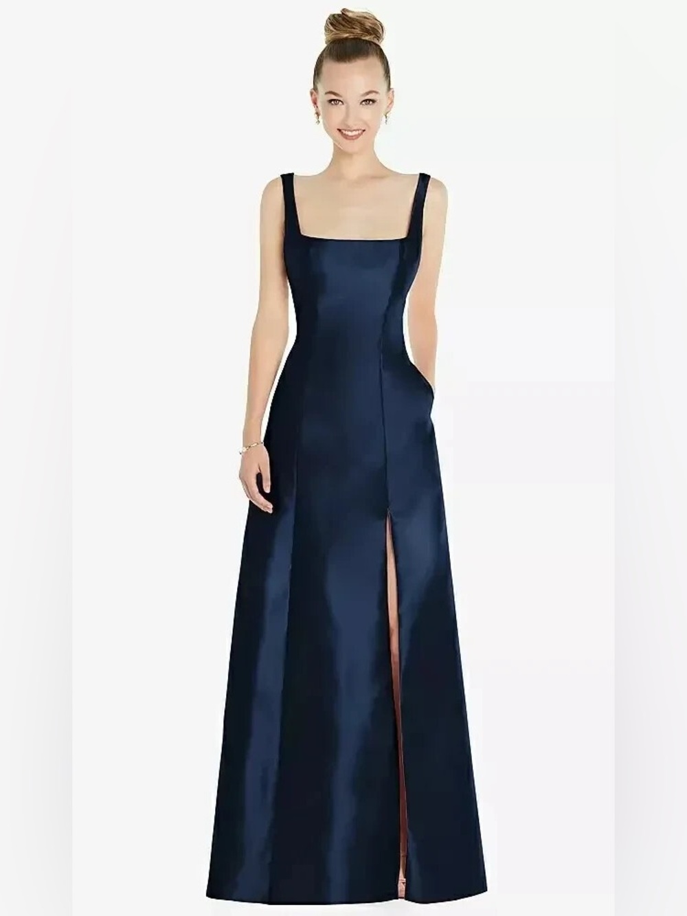 ALFRED SUNG D826 Midnight Navy Square Neck Satin Hi-Slit A-Line Dress Gown 2 R